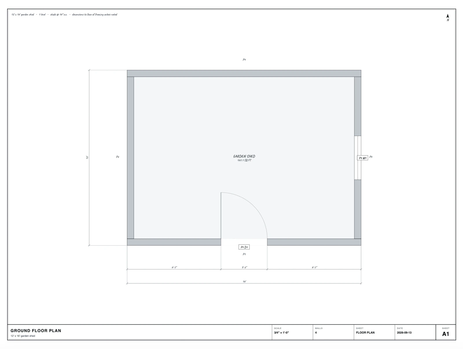 The ground floor plan sheet of a 12 by 16 foot garden shed, dimensioned, with its title block