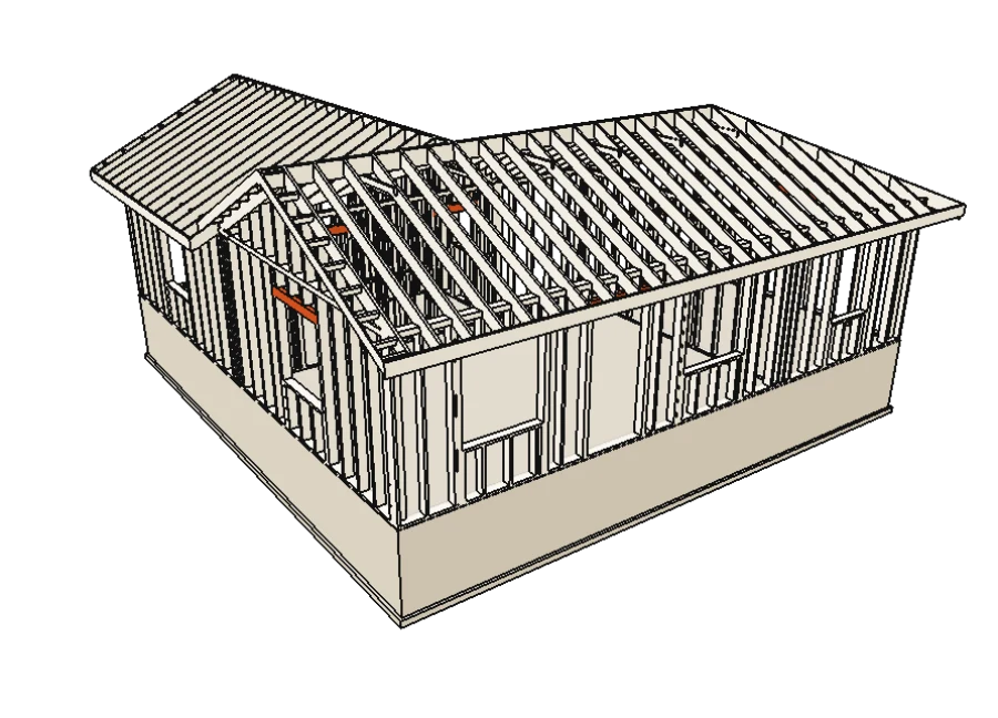 An L-shaped lake house, framed