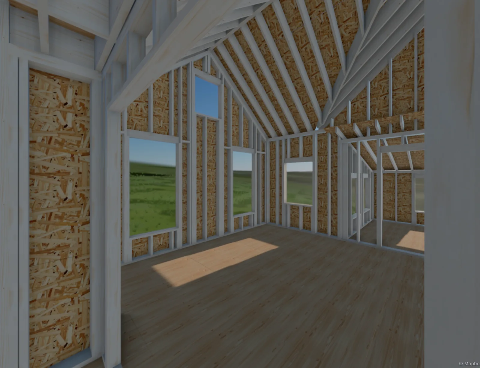 Standing inside a framed building in walk mode: studs, rafters and sheathing, with the lot outside the windows